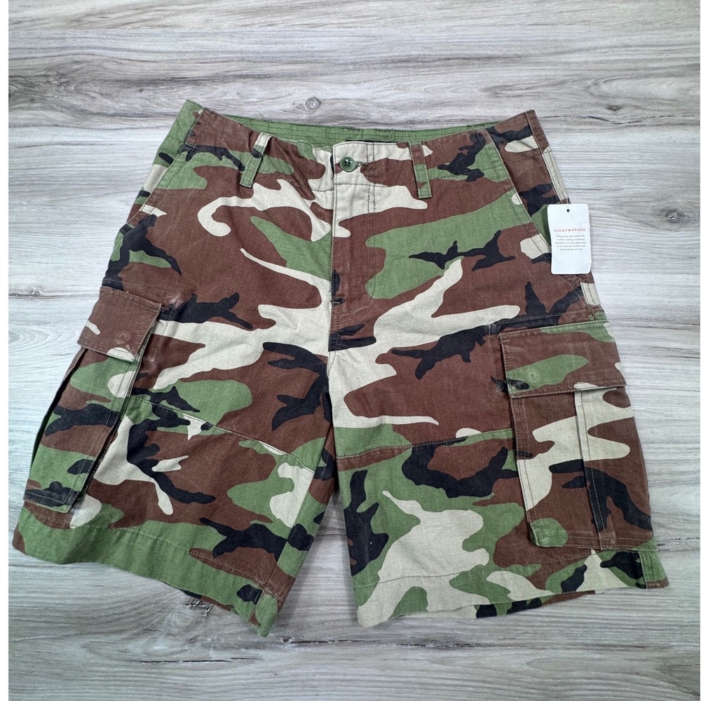 NWT Lucky Brand Mens Woodland Camo Cargo Shorts Green Brown Size 30 Relaxed Fit